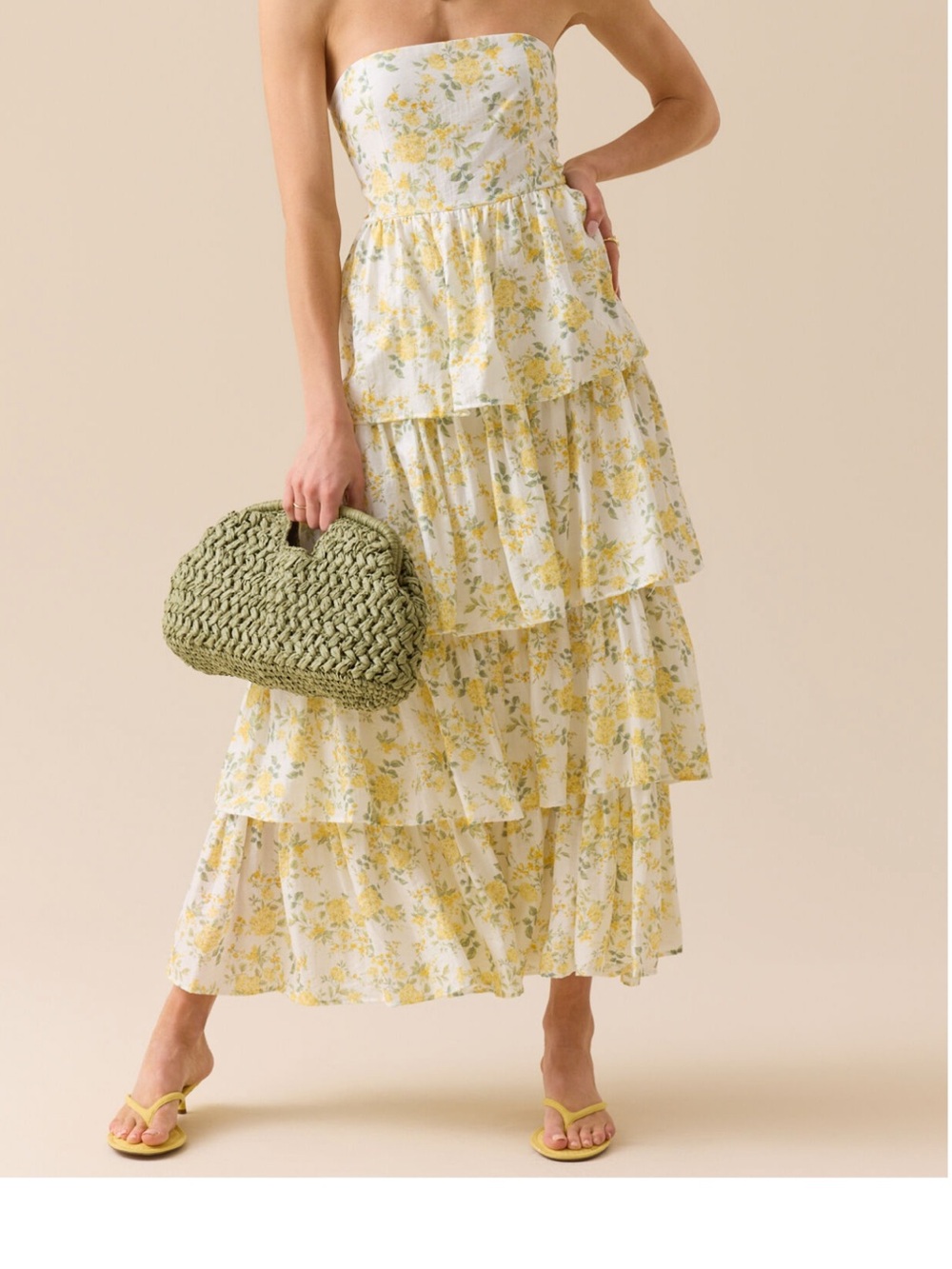 Altard State Betsy Strapless Tiered Floral Maxi Dress in Yellow & White